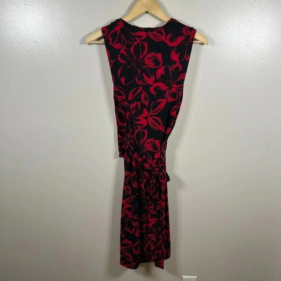 Norma Kamali Faux Wrap Dress Size Large Black Red Floral Jersey Stretch Work - Picture 3 of 12